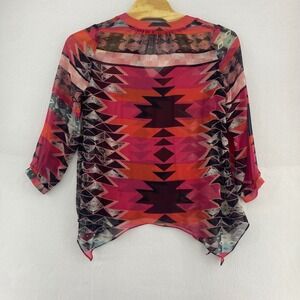 Christin Michaels M Blouse Sheer Southwestern Boho Aztec Print Tie Neck Festival